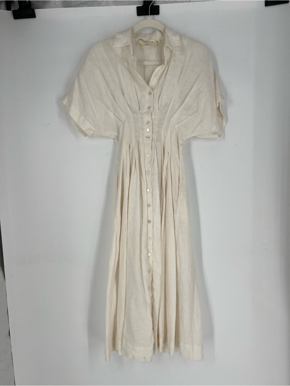 Exquise Anthropologie Tobie White 100% Linen Pleated Button Down Midi Dress XXSP - Picture 6 of 12